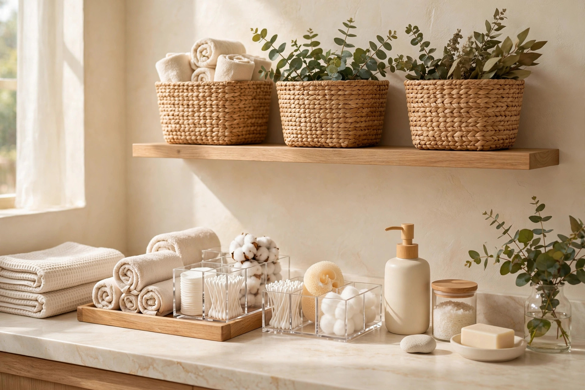Organized bathroom shelf with baskets and towels