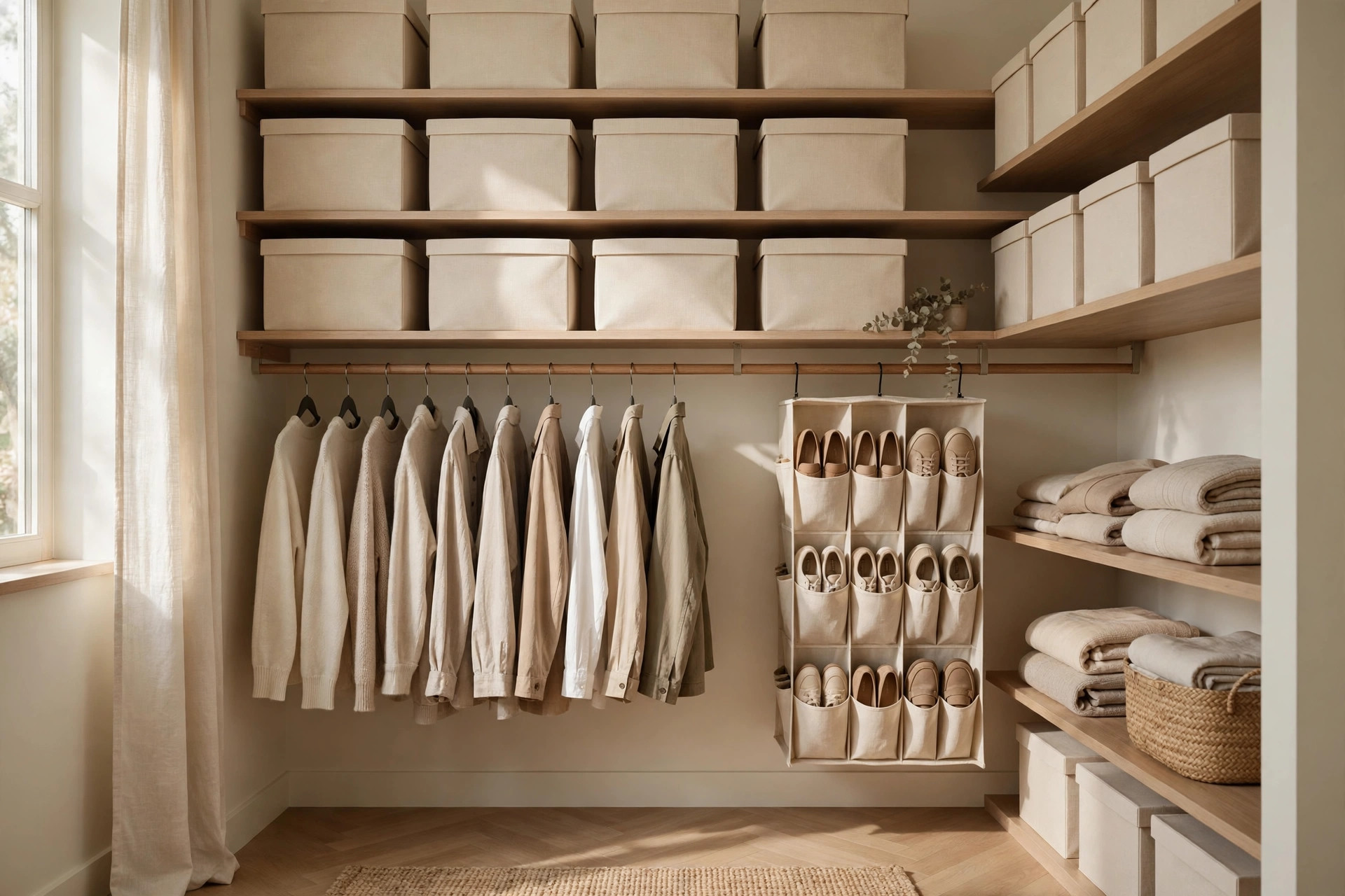 Tidy closet with storage boxes and hanging clothes