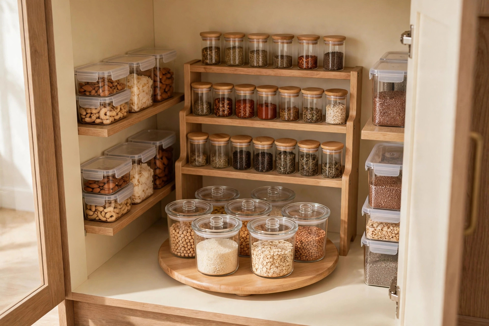 Organized kitchen cabinet with spice rack and containers